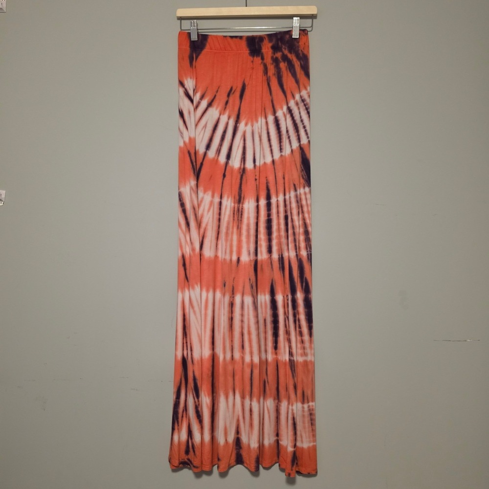 Loveappella Tie Dye Maxi Skirt Orange Purple White Bohemian Stretch Size Small